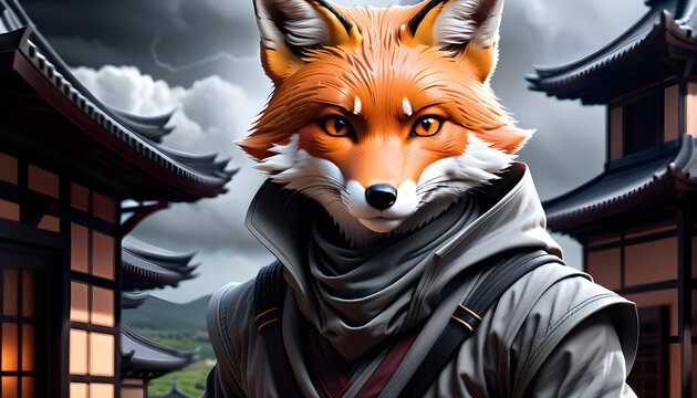 Sly Fox Shadows: Assassin Fox Ninja Adorned in Diverse Attire.(Generative AI)
