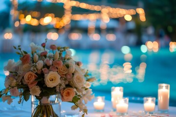 Romantic evening wedding table by the pool with lanterns
