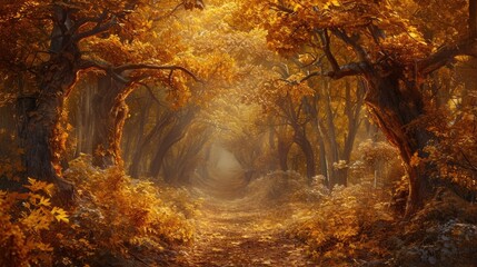 An enchanted forest in autumn, filled with golden leaves in autumn. Resplendent. - obrazy, fototapety, plakaty