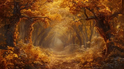 Foto op Plexiglas An enchanted forest in autumn, filled with golden leaves in autumn. Resplendent. © Summit Art Creations