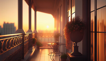 Luxury balcony at sunset in city Background, Ai generated image
