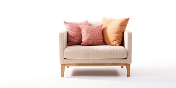 Single seat beige couch with pillow on white background, separate angle.