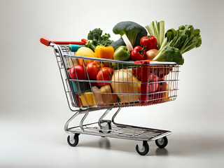 a shopping basket full of groceries on a white background, shopping cart