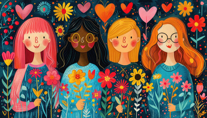Illustration of four girls with flowers and hearts in the background.