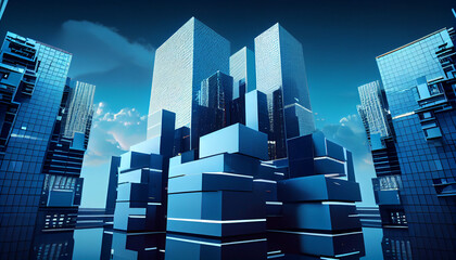Modern buildings. Blue city information and communication technologies Background, Ai generated image