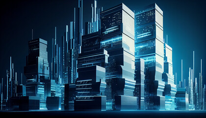 Modern buildings. Blue city information and communication technologies Background, Ai generated image