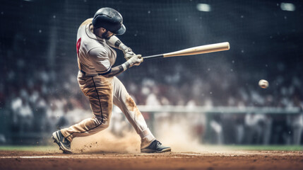 Excitement of a baseball game with a batter making contact with a ball - obrazy, fototapety, plakaty