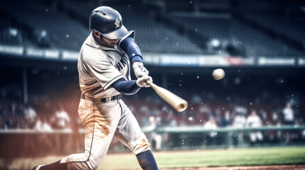 Closeup of a batter hitting a ball in a baseball game - obrazy, fototapety, plakaty