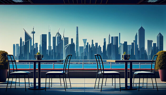 Restaurant terrace roof with tables and chairs overlooking the cityscape and skylines minimalist wallpaper and Background, Ai generated image