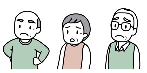 シニア男女3人の上半身イラスト（困り顔）