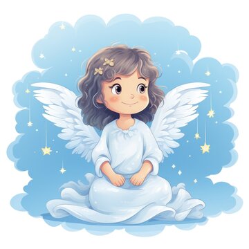 little cute angel with wings sitting on a cloud