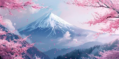 Fotobehang Cherry blossom and Mt. Fuji in spring, Japan. © YuDwi Studio