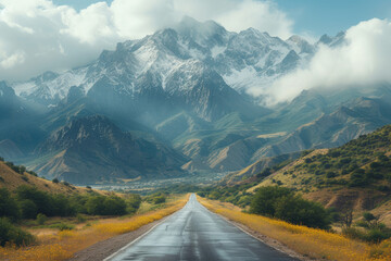 Naklejka premium Road leading to snow-capped mountains through a blooming field.