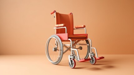 Empty medical wheelchair for invalid patient on orange empty background. Hospital health care support