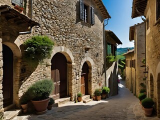 Fototapeta na wymiar a narrow street with a stone building and potted plants