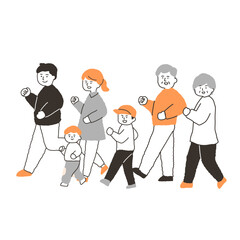 仲良く歩く三世代家族