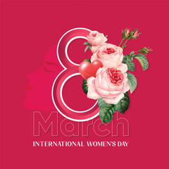 An International Women's Day Poster Design. Pink theme with roses. Symbolic of women.