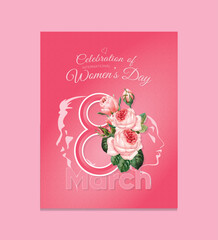 International Women’s Day flyer and poster. Pink theme with roses. Symbolic of women.