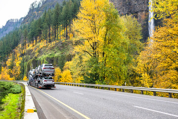 Car hauler white big rig semi truck transporting car on hydraulic semi trailer running on the...