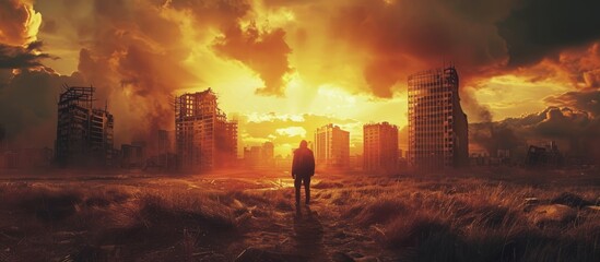 Post-Apocalypse: The Unbreakable Journey of a Sole Survivor amidst the Harsh Realities of a Post-Apocalyptic World - obrazy, fototapety, plakaty