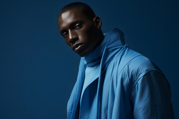 Fototapeta premium A man showcases a stylish and blue ensemble, exuding flair and confidence