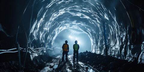 Worker are working in coal mine or rail train tunnel - Powered by Adobe