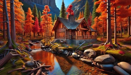 Photo sur Plexiglas Chocolat brun Rustic Mountain Cabin in Fall