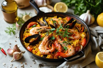 Seafood paella with lemon