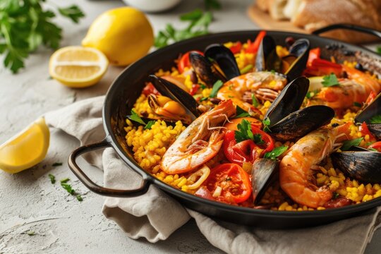Seafood paella with lemon