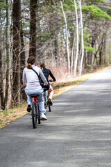 Two young slender girls ride bicycles along an asphalt path in a forest belt taking care of their figure
