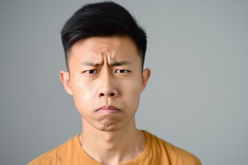 Young Asian Man with a Confused Expression on a Solid Grey Background. Generative AI.