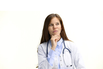 Female doctor, close-up, on a white background, thinking