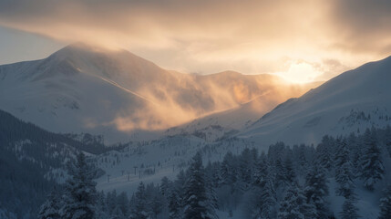 The soft diffused light of the cloudy sunrise creates a dreamy atmosphere making the snow peaks appear even more glistening.