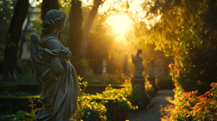 A serene garden filled with statues and monuments their shadows lengthening in the backlight. - obrazy, fototapety, plakaty