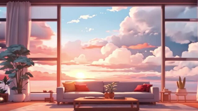animated virtual backgrounds, stream overlay loop, living room interior, clouds window, cozy white grey lo-fi, vtuber asset twitch zoom OBS screen, anime chill in night city