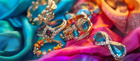 Exquisite Jewelry Adorned in Vibrant Colored Background, Rings and Earrings Galore