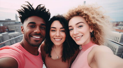 Obraz premium Multiracial friends taking a selfie at a rooftop party