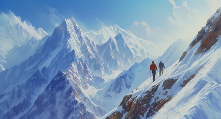 two people walking on mountains - obrazy, fototapety, plakaty