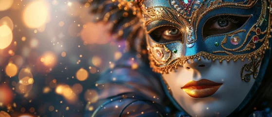 Türaufkleber A colorful masquerade mask in bright colours on a blurred festive background with bokeh , party, Rio, Venice and Tenerife carnival concept banner poster or card design copy space © ND STOCK