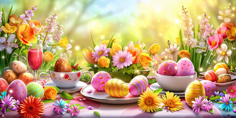 Obraz na płótnie Canvas Easter Brunch: A Vector Illustration of a Festive Easter Brunch Table with Decorated Eggs and Spring Flowers, Illustrating a Joyful Celebration