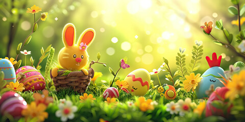 Easter Decorations: A Vector Illustration of Easter-themed Decorations such as Baskets, Bunnies, and Chickens, Creating a Festive Atmosphere