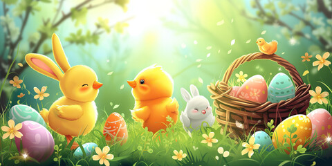 Easter Decorations: A Vector Illustration of Easter-themed Decorations such as Baskets, Bunnies, and Chickens, Creating a Festive Atmosphere