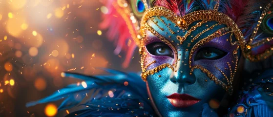 Gordijnen A colorful masquerade mask in bright colours on a blurred festive background with bokeh , party, Rio, Venice and Tenerife carnival concept banner poster or card design copy space © ND STOCK