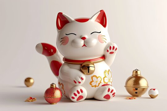 Cute 3d beckoning maneki neko. Japanese lucky cat icon. Symbol wealth,fortune, lucky