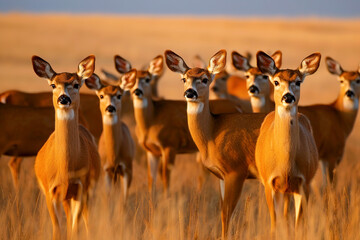 Herd of deer in a field at golden hour, looking towards the camera.