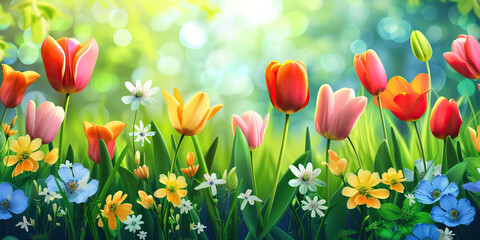 Spring Flowers: A Vector Illustration of Blooming Flowers in a Garden, Showcasing the Beauty of Spring Blossoms