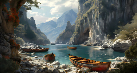 a river with boats lying on it near cliffs and mountains