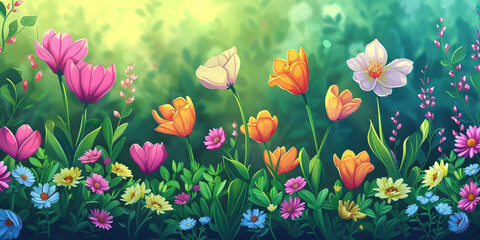 Fototapeta na wymiar Spring Flowers: A Vector Illustration of Blooming Flowers in a Garden, Showcasing the Beauty of Spring Blossoms
