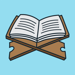 a book of al-qur'an or koran on a wooden stand with a blue background
