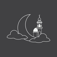 a clock tower of mosque or masjid with a crescent in the sky with black and white or grayscale color background
